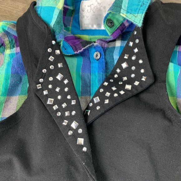 Justice Girls Youth Flannel Button Up Shirt Attached Vest 1-PC Studded Size 12 - Picture 10 of 10